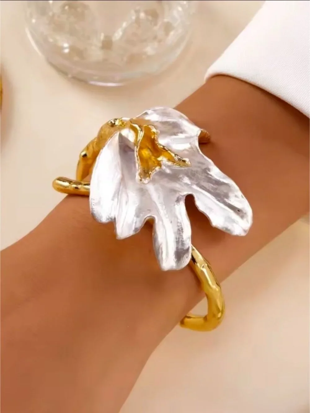 Gold and White Floral Sculpted Cuff Bracelet